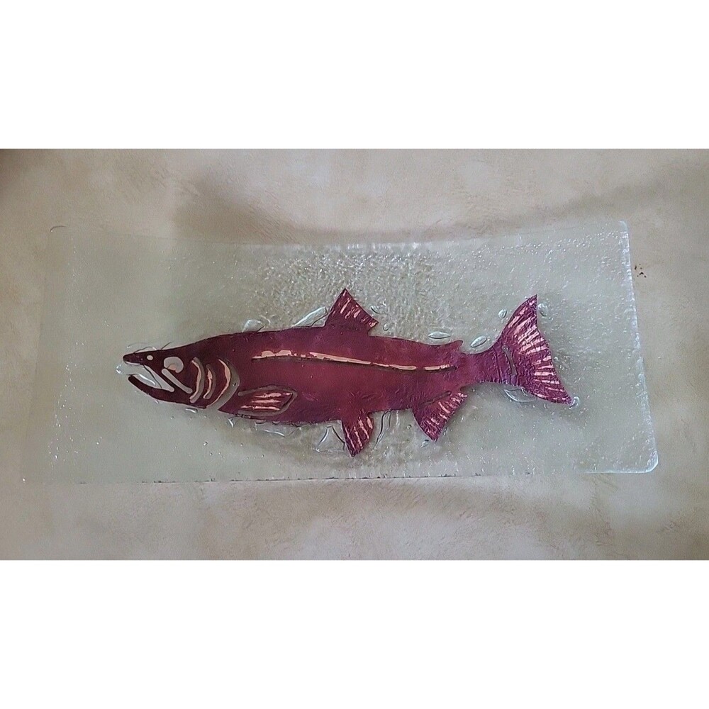 Jones Glassworks Fused Glass Salmon Fish Curved Platter 12" x 5" Signed 2003